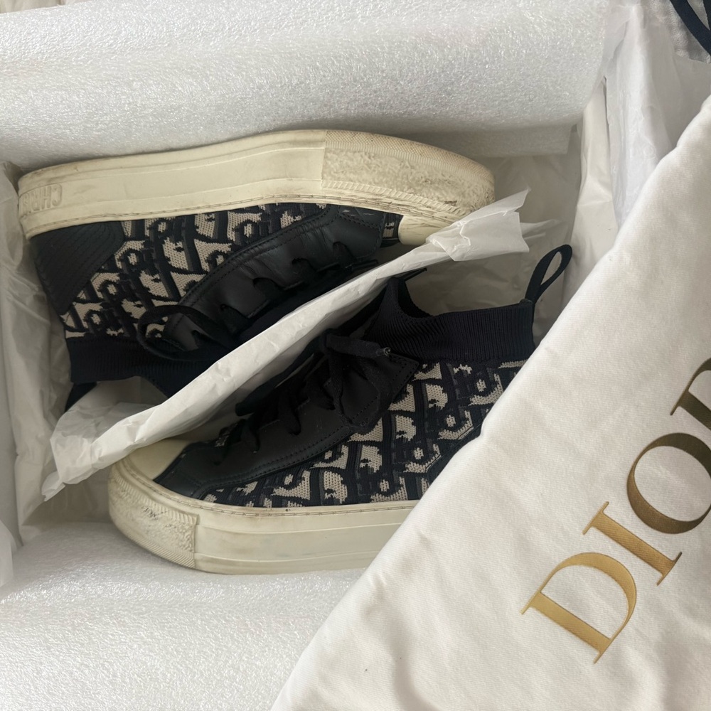 Dior Knit High-Top Sneakers in Navy and White Oblique